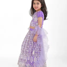 Babyhug Woven Half Puff Sleeves Floral Sequinned & Embroidered Choli With Lehenga and Frill Net Dupatta - Lavender image 2