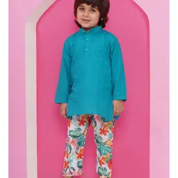 AJ Dezines Full Sleeves Soild Kurta With Floral Printed Coordinating Pant & Jacket Set - Blue image 4