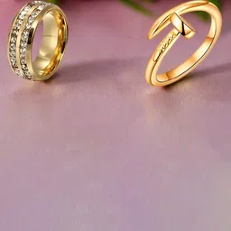 DressBerry Set of 2 Gold Plated Cubic Zircon Studded Stainless Steel Couple Finger Ring image 1