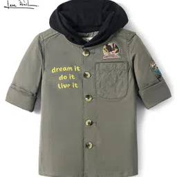 arias by lara dutta Arias Cotton Twill Knit Full Sleeves Knit Hooded Front Button Shacket With Badge - Olive image 4