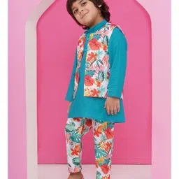 AJ Dezines Full Sleeves Soild Kurta With Floral Printed Coordinating Pant & Jacket Set - Blue image 5