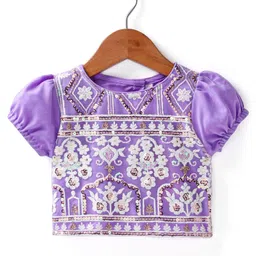 Babyhug Woven Half Puff Sleeves Floral Sequinned & Embroidered Choli With Lehenga and Frill Net Dupatta - Lavender image 5