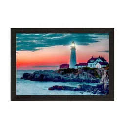 eCraftIndia Teal Blue & Orange Seaside Lighthouse Scenic View Satin Matte Texture Wall Art image 3