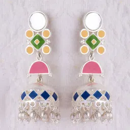 Voylla Bandhej Silver-Toned & Blue Dome-Shaped Jhumka Earrings-picture-10