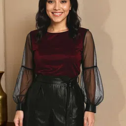 KYVO Women Embellished Colourblocked Sheer Shimmer Top With Tie-up Waistline-picture-15