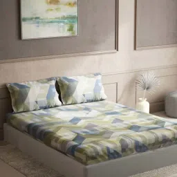 DDecor Geometric Olive Green & Blue 136 TC Cotton King Bedsheet with 2 Pillow Covers-picture-46