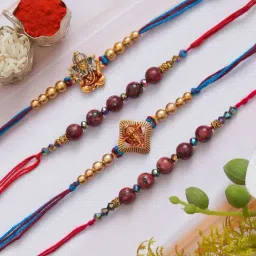 eCraftIndia Multicolor Lord Ganesha & Pearl Rakhis with Roli Chawal Pack - Set of 4 image 2
