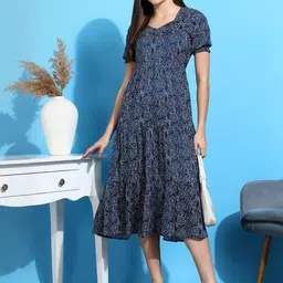 Moda Rapido Women Teal Printed Polyester PU Coated Fit and Flare Dresses-picture-41