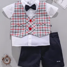 Little Folks Half Sleeves Checked Party Suit with Bow and Waistcoat - Navy Red-picture-19