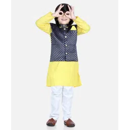 BownBee Cotton Full Sleeves Solid Kurta With Jacquard Designed Attavhed Jacket & Pyjama - Yellow-picture-25