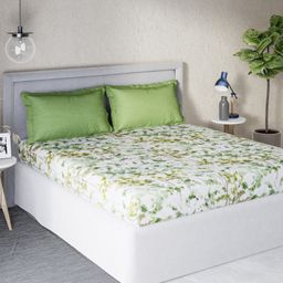d'decor DDecor White Green Floral 140 TC Cotton Queen Bedsheet with 2 Pillow Covers-picture-4