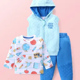 Babyhug Cotton Knit Sleeveless Hooded Front Zipper Jacket With T-Shirt & Lounge Pants Back to School Theme Printed - Blue-picture-16