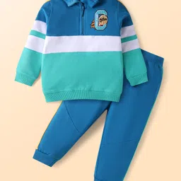 Babyhug Terry Knit Full Sleeves T-Shirt & Lounge Pant Set With Text Embroidery - Blue-picture-25
