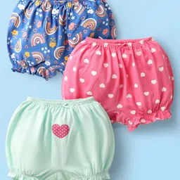 Babyoye Cotton Elastane Knit Heart & Rainbow Printed Bloomers Pack of 3 - Pink Sea Green & Blue-picture-36