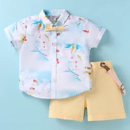 ToffyHouse Poplin Woven Half Sleeves Beach Theme Printed Shirt & Shorts With Bow & Suspender - Off White-image-70