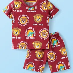 Babyhug Cotton Knit Half Sleeves Co-Ords Shorts Night Suit Bear Print - Maroon-picture-24