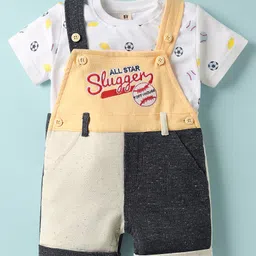ToffyHouse Corduroy Woven Half Sleeves T-Shirt & Dungaree with Brand Logo Embroidery - White & Charcoal-picture-20