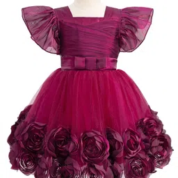 Mark & Mia Woven Flutter Sleeves Party Dress with Floral Applique - Wine-picture-23