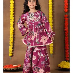 Superminis Cotton Woven Full Bell Sleeves Floral Printed Gota Lace Embellished Kurti & Coordinating Sharara Set - Purple-picture-25