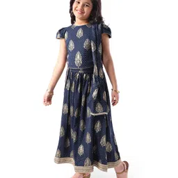 Earthy Touch Single Jersey Knit Half Sleeves Foil Printed Lehenga Choli Set with Dupatta - Navy Blue image 2