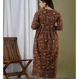 NEVISHA STYLE Cotton Woven Three Fourth Sleeves Floral Printed Maternity Kurta With Side Zipper Nursing Access - Brown image 3