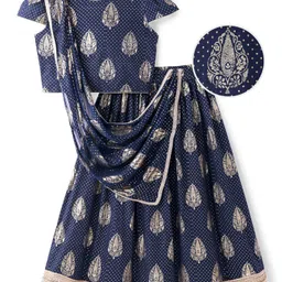 Earthy Touch Single Jersey Knit Half Sleeves Foil Printed Lehenga Choli Set with Dupatta - Navy Blue image 4