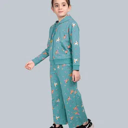 Plum Tree 100% Cotton Knit Full Sleeves Unicorns Printed Light Winter Hooded Sweatjacket & Coordinating Flared Pants Set - Teal Blue image 5