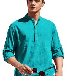 KNOWTED Band Collar Roll-Up Sleeves Straight Short Kurta-picture-20