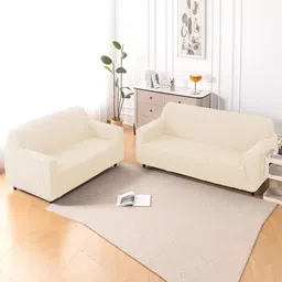 HOKIPO Aria Nova Cream-Coloured 2 Pieces Self Design Sofa Covers With Arms-picture-25