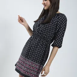 Sera Ethnic Motifs Print Tie-Up Neck Puff Sleeve Crepe Fit & Flare Mini Dress-picture-33