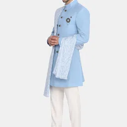 Blackberrys Men Blue & White Solid Slim-Fit Bandhgala Two-Piece Suit image 5