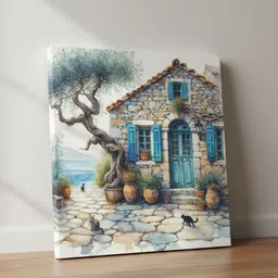 RANDOM White & Blue The Shutters & The Main Door On The Stone House Canvas Wall Art image 4