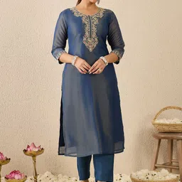 Indo Era Ethnic Motifs Embroidered Thread Work Liva Straight Kurta With Trousers & Dupatta image 3