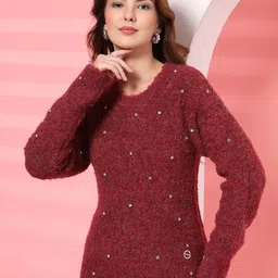 Thirty Threads Women Embroidered Round Neck Embellished Woollen Pullover-picture-27