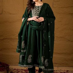 KALINI Floral Yoke Design Empire Thread Work Anarkali Kurta With Trousers & Dupatta image 3