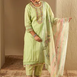 Indo Era Floral Embroidered Pure Cotton Straight Kurta With Trousers & Dupatta-picture-19
