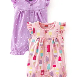 Babyhug 100% Cotton Frill Sleeves Romper Dot & Popsicle Print Pack of 2- Pink & Purple-picture-17