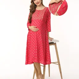 Bella Mama Three Fourth Sleeves Yoke Embroidered Maternity Kurta Floral Print - Pink-picture-28