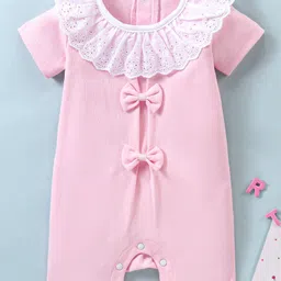 mark & mia Kookie Kids Half Sleeves Rompers with Bow & Schiffli Detailing - Pink-picture-28