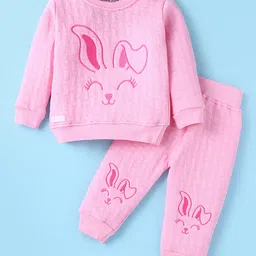 Little Darlings Knit Full Sleeves Winter Wear Sweatshirt & Lounge Pant Set with Deer Embroidery - Pink-picture-30