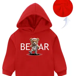 KAVEE Fleece Full Sleeves Teddy Bear Printed Hooded Sweatshirt - Red-picture-28
