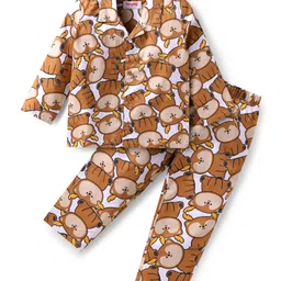 Babyhug Cotton Woven Full Sleeves Front Open Collar Neck Night Suit with Bear Print - White-picture-12