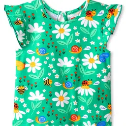 Babyhug Cotton Knit Frill Sleeves T-Shirt with Floral & Bees Print - Green-picture-27