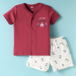 Zero Interlock Knit Front Open Half Sleeves Shorts Night Suit With Circus Print - Maroon & White-picture-4