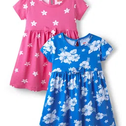 Babyhug Single Jersey Knit Half Sleeves Floral Printed Frocks With Bow Applique Pack of 2 - Blue & Pink-picture-13