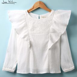 arias by lara dutta Arias Crinkle Cotton Woven Half Sleeves Top With Schiffli & Ruffles Detailing - White-picture-15