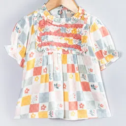 Hugsntugs Cotton Woven Half Peasant Sleeves Floral Printed Checked Lace Detailed Top - Multi Colour-picture-31