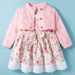 ToffyHouse Cotton Woven Frock With Full Sleeves Shrug & Floral Print - Pink-picture-17