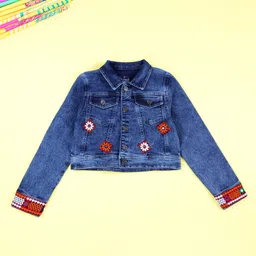 Kiddopanti Denim Woven Full Sleeves Floral Patch Detailed Cropped Jacket - Medium Rag Blue-picture-26