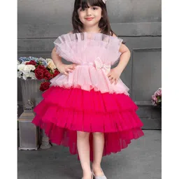 Lagorii Net Woven Sleeveless Ruffle & Bow Applique Detailed High Low Tutu Dress - Pink image 1